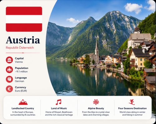 Austria country overview card showcasing Hallstatt, Alpine landscape, flag, capital, and currency details.