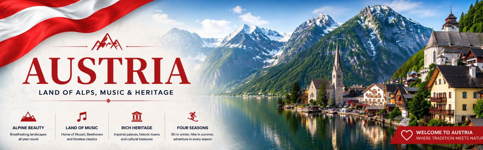 Austria country overview card showcasing Hallstatt, Alpine landscape, flag, capital, and currency details.