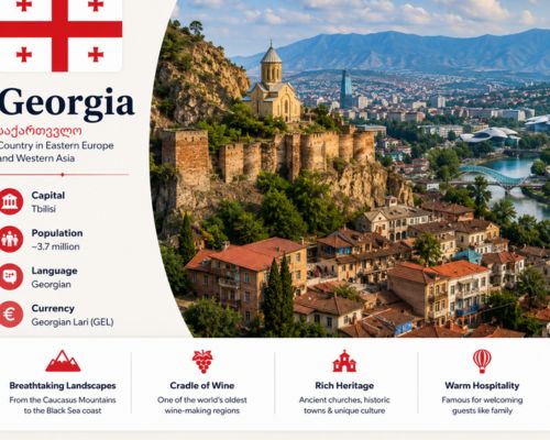 Georgia country overview card showcasing Tbilisi, historic landmarks, flag, and quick facts.