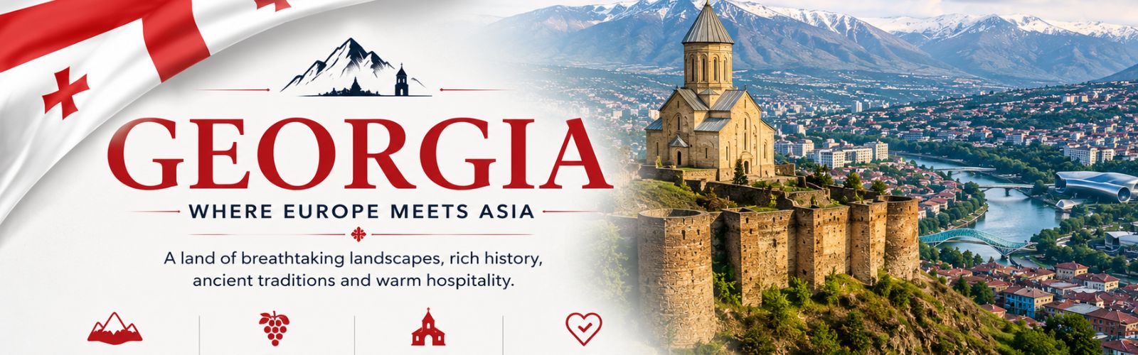 Georgia country overview card showcasing Tbilisi, historic landmarks, flag, and quick facts.